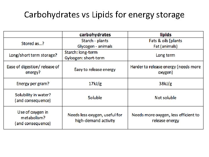 Carbohydrates vs Lipids for energy storage 