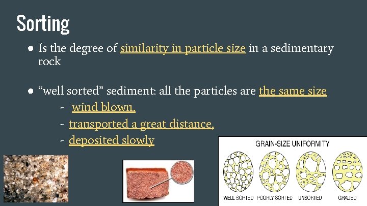 Sorting ● Is the degree of similarity in particle size in a sedimentary rock