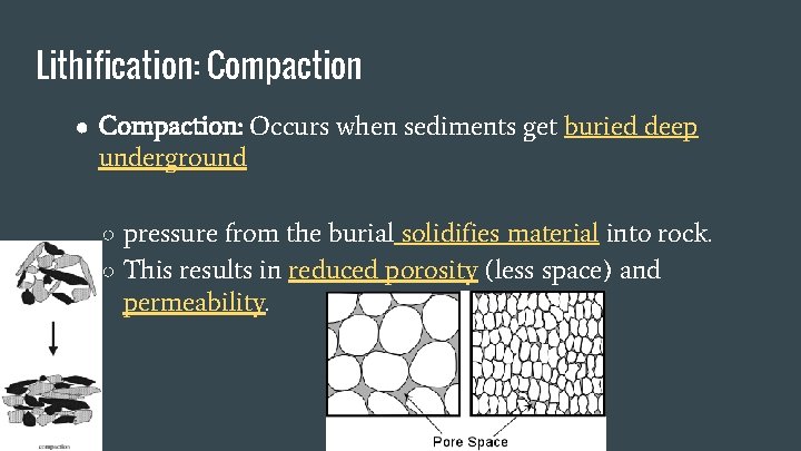 Lithification: Compaction ● Compaction: Occurs when sediments get buried deep underground ○ pressure from