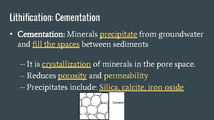 Lithification: Cementation • Cementation: Minerals precipitate from groundwater and fill the spaces between sediments
