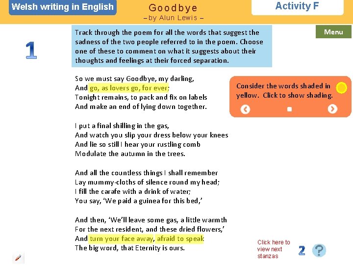 Welsh writing in English Activity F Goodbye – by Alun Lewis – Track through