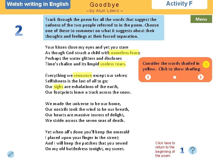 Welsh writing in English Activity F Goodbye – by Alun Lewis – Track through