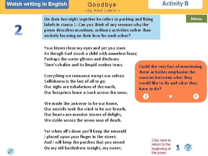 Welsh writing in English Activity B Goodbye – by Alun Lewis – On their