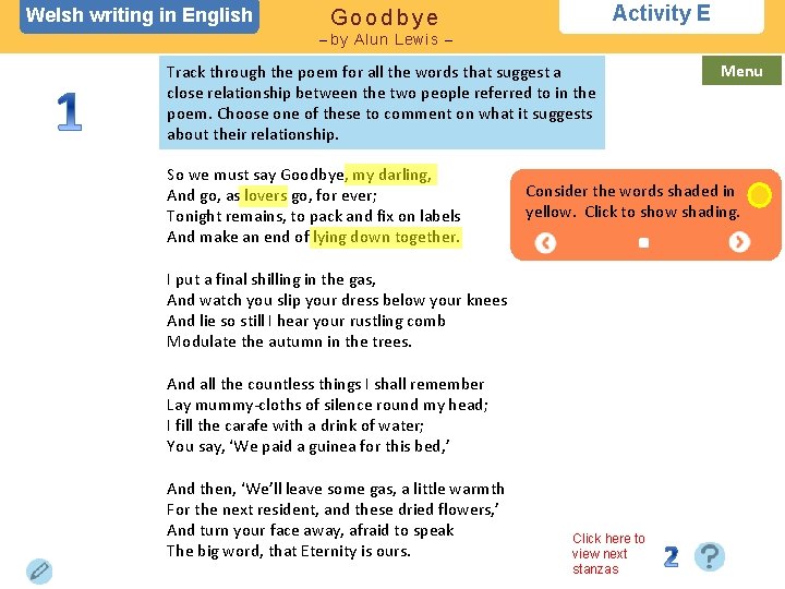 Welsh writing in English Activity E Goodbye – by Alun Lewis – Track through