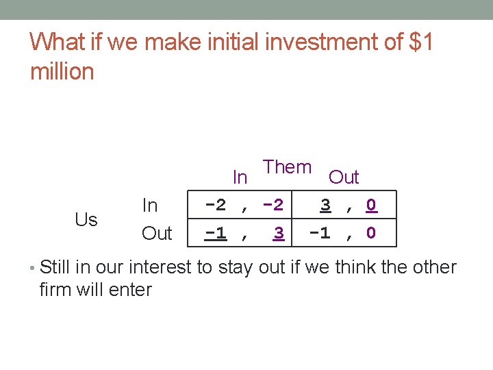 What if we make initial investment of $1 million Them Us In Out In