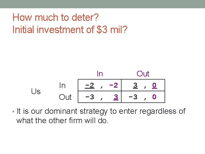 How much to deter? Initial investment of $3 mil? Us In Out In -2