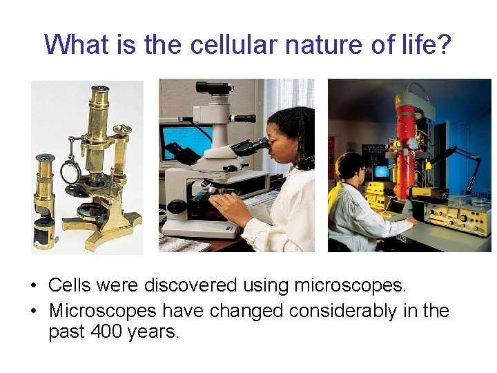 What is the cellular nature of life? • Cells were discovered using microscopes. •