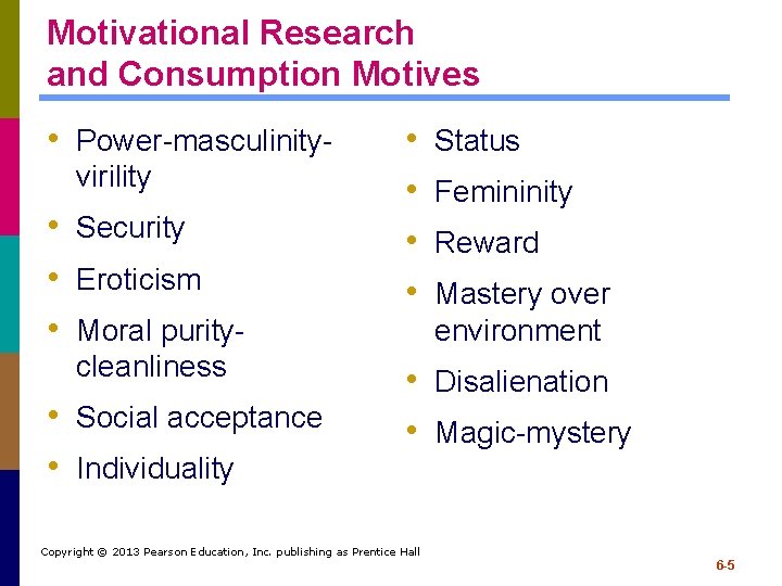 Motivational Research and Consumption Motives • Power-masculinityvirility • Security • Eroticism • Moral puritycleanliness