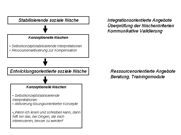 Stabilisierende soziale Nische Integrationsorientierte Angebote Überprüfung der Nischenkriterien Kommunikative Validierung Konzeptionelle Nischen • Selbstkonzeptstabilisierende