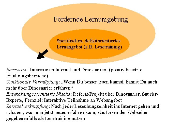 Fördernde Lernumgebung Spezifisches, defizitorientiertes Lernangebot (z. B. Lesetraining) Ressource: Interesse an Internet und Dinosauriern