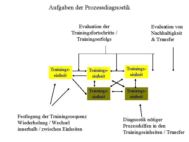 Aufgaben der Prozessdiagnostik Evaluation der Trainingsfortschritte / Trainingserfolgs Trainingseinheit Festlegung der Trainingssequenz Wiederholung /