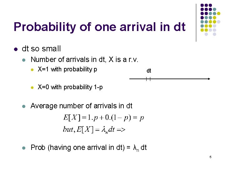 Probability of one arrival in dt l dt so small l Number of arrivals