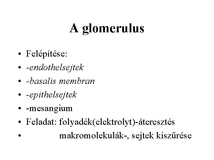 A glomerulus • • Felépítése: -endothelsejtek -basalis membran -epithelsejtek -mesangium Feladat: folyadék(elektrolyt)-áteresztés makromolekulák-, sejtek