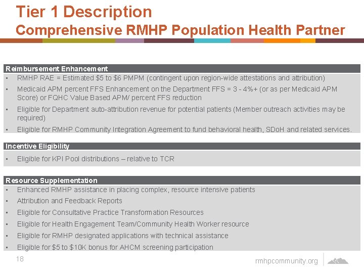 Tier 1 Description Comprehensive RMHP Population Health Partner Reimbursement Enhancement • RMHP RAE =