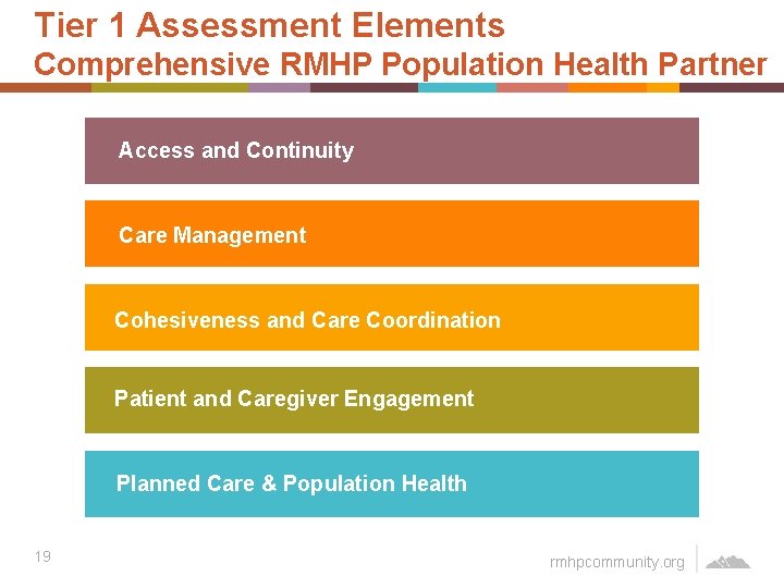 Tier 1 Assessment Elements Comprehensive RMHP Population Health Partner Access and Continuity Care Management