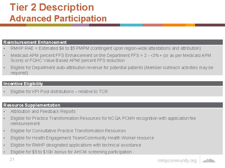 Tier 2 Description Advanced Participation Reimbursement Enhancement • RMHP RAE = Estimated $4 to