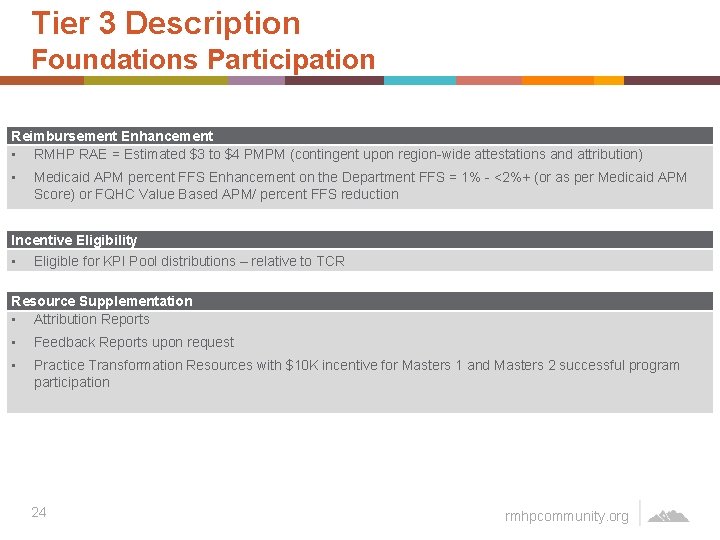 Tier 3 Description Foundations Participation Reimbursement Enhancement • RMHP RAE = Estimated $3 to
