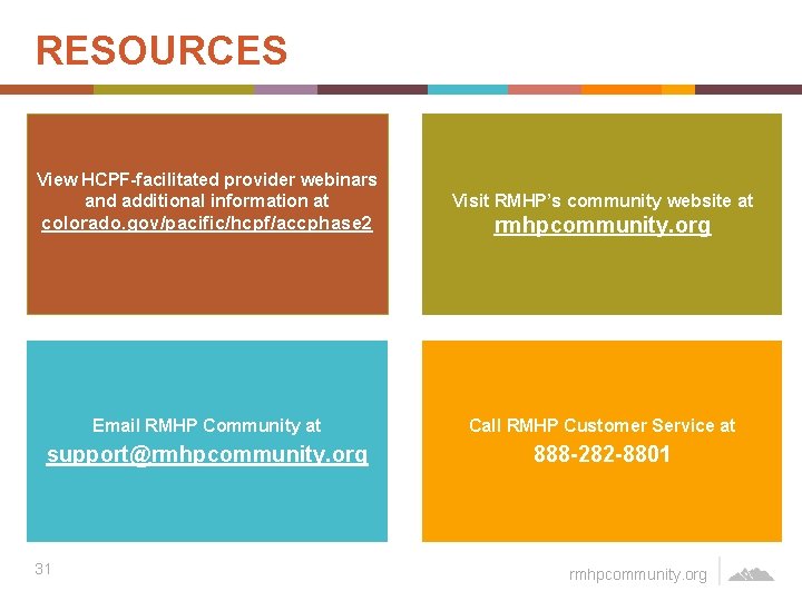 RESOURCES View HCPF-facilitated provider webinars and additional information at Visit RMHP’s community website at