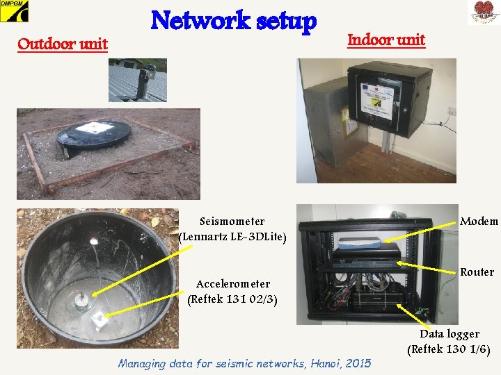 Outdoor unit Network setup Indoor unit Seismometer (Lennartz LE-3 DLite) Accelerometer (Reftek 131 02/3)