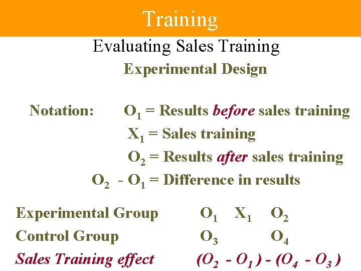 Training Evaluating Sales Training Experimental Design Notation: O 1 = Results before sales training