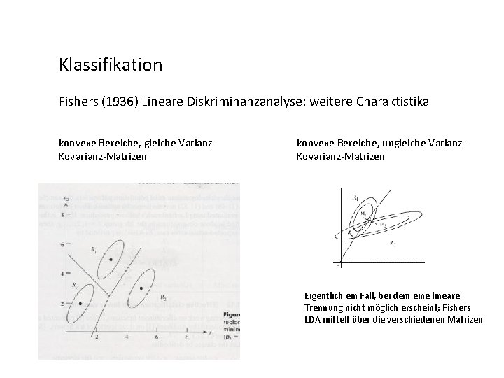 Klassifikation Fishers (1936) Lineare Diskriminanzanalyse: weitere Charaktistika konvexe Bereiche, gleiche Varianz. Kovarianz-Matrizen konvexe Bereiche,