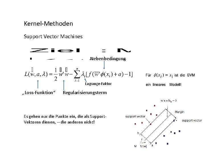 Kernel-Methoden Support Vector Machines Nebenbedingung Lagrange-Faktor „Loss-Funktion“ Regularisierungsterm Es gehen nur die Punkte ein,