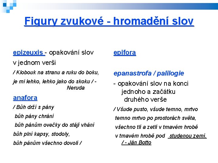 Figury zvukové - hromadění slov epizeuxis - opakování slov epifora v jednom verši /