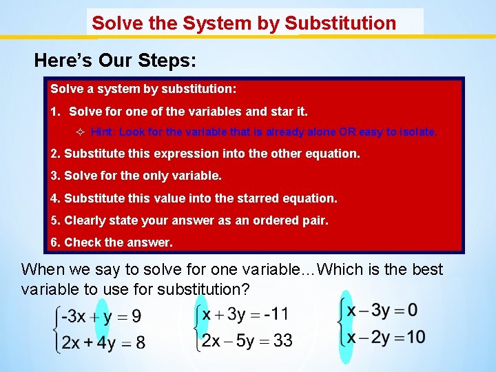 Solve the System by Substitution Here’s Our Steps: Solve a system by substitution: 1.