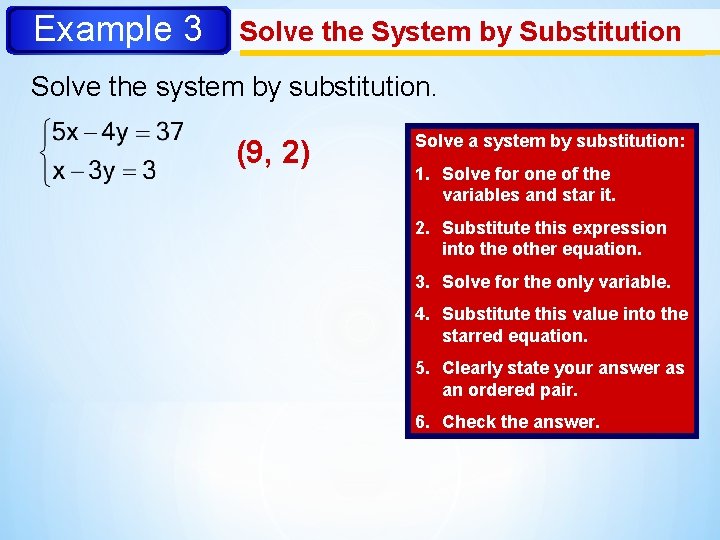 Example 3 Solve the System by Substitution Solve the system by substitution. (9, 2)