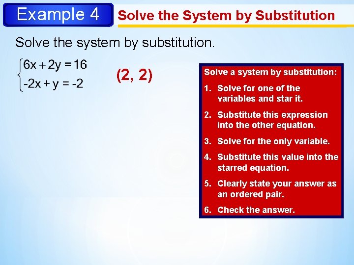 Example 4 Solve the System by Substitution Solve the system by substitution. (2, 2)