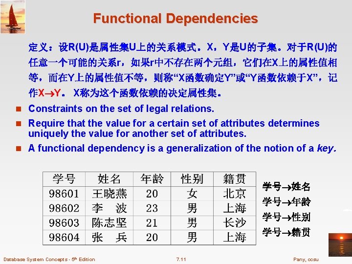 Functional Dependencies 定义：设R(U)是属性集U上的关系模式。X，Y是U的子集。对于R(U)的 任意一个可能的关系r，如果r中不存在两个元组，它们在X上的属性值相 等，而在Y上的属性值不等，则称“X函数确定Y”或“Y函数依赖于X”，记 作X Y。 X称为这个函数依赖的决定属性集。 n Constraints on the set of