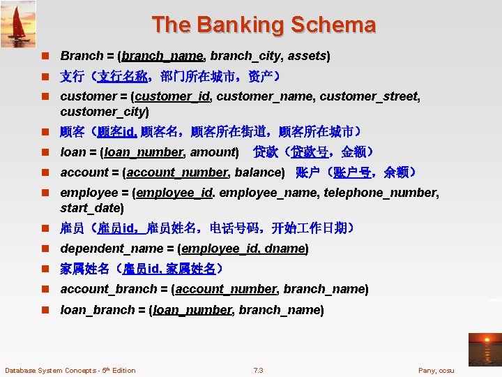 The Banking Schema n Branch = (branch_name, branch_city, assets) n 支行（支行名称，部门所在城市，资产） n customer =