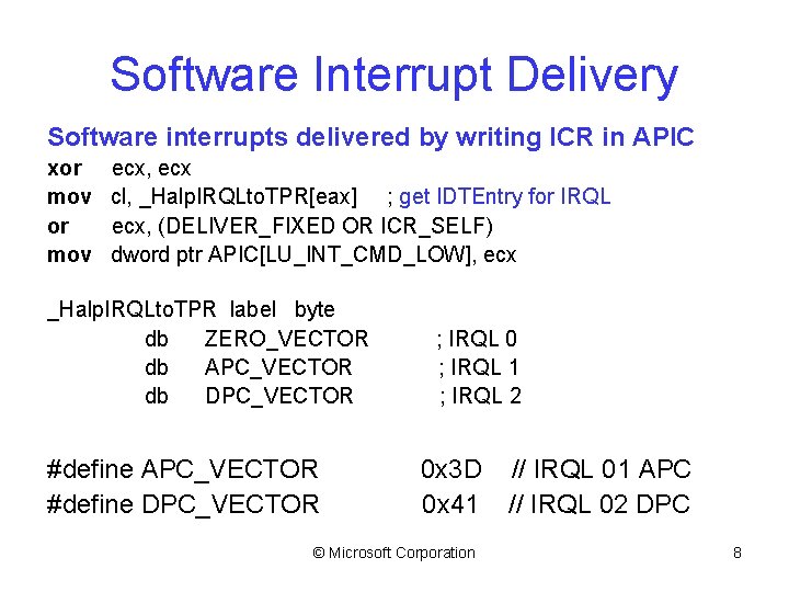 Software Interrupt Delivery Software interrupts delivered by writing ICR in APIC xor mov ecx,