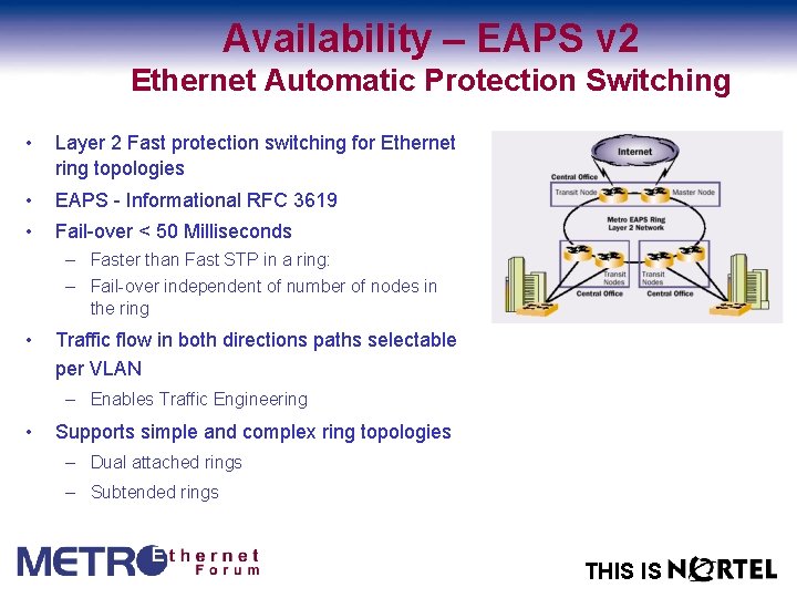 Availability – EAPS v 2 Ethernet Automatic Protection Switching • Layer 2 Fast protection