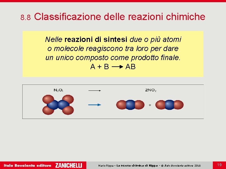 8. 8 Classificazione delle reazioni chimiche Nelle reazioni di sintesi due o più atomi