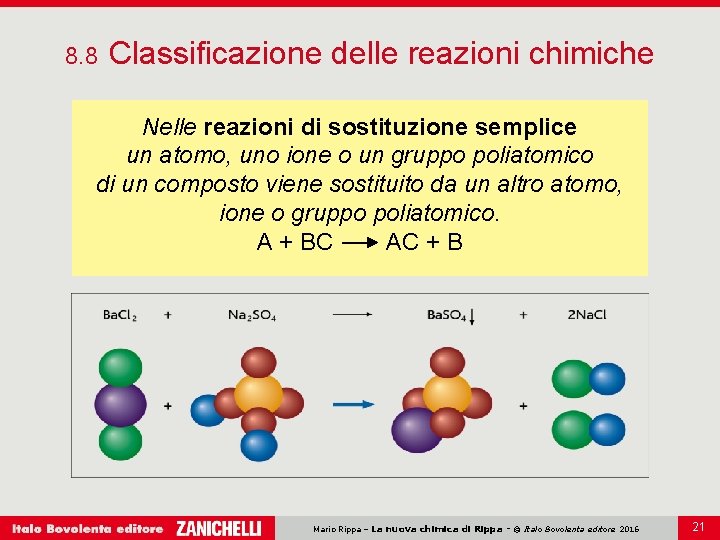 8. 8 Classificazione delle reazioni chimiche Nelle reazioni di sostituzione semplice un atomo, uno