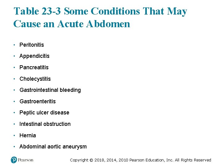 Table 23 -3 Some Conditions That May Cause an Acute Abdomen • Peritonitis •