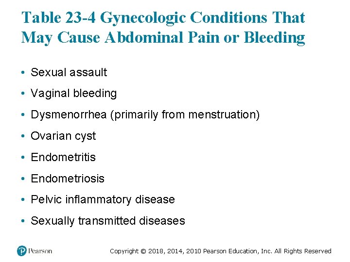 Table 23 -4 Gynecologic Conditions That May Cause Abdominal Pain or Bleeding • Sexual