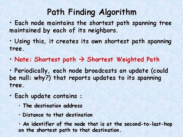 Path Finding Algorithm • Each node maintains the shortest path spanning tree maintained by