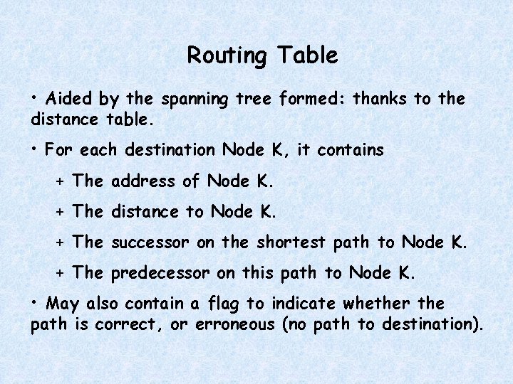 Routing Table • Aided by the spanning tree formed: thanks to the distance table.