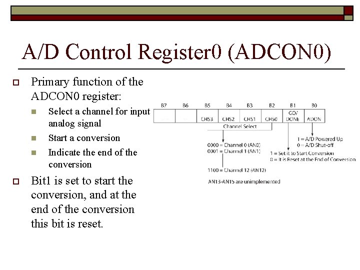 A/D Control Register 0 (ADCON 0) o Primary function of the ADCON 0 register: A/D Control Register 0 (ADCON 0) o Primary function of the ADCON 0 register: