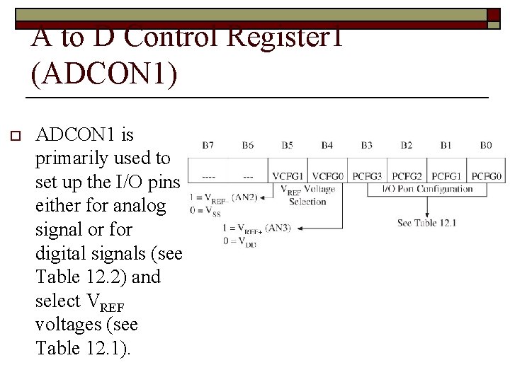 A to D Control Register 1 (ADCON 1) o ADCON 1 is primarily used