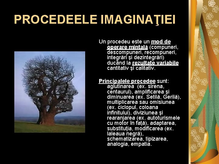 PROCEDEELE IMAGINAŢIEI Un procedeu este un mod de operare mintală (compuneri, descompuneri, recompuneri, integrări