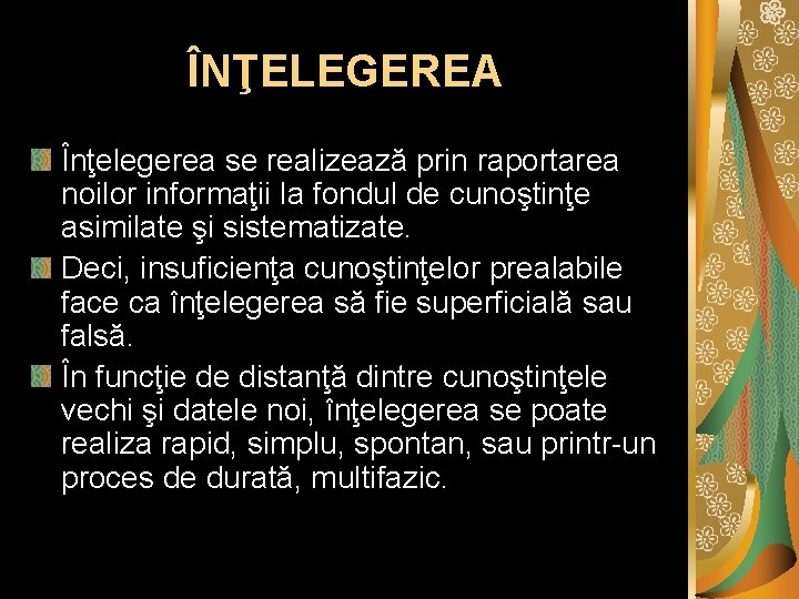 ÎNŢELEGEREA Înţelegerea se realizează prin raportarea noilor informaţii la fondul de cunoştinţe asimilate şi