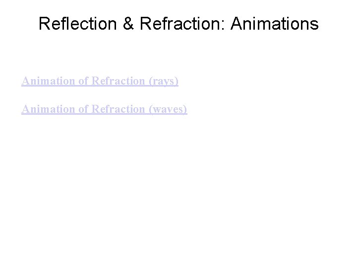 Reflection & Refraction: Animations Animation of Refraction (rays) Animation of Refraction (waves) 