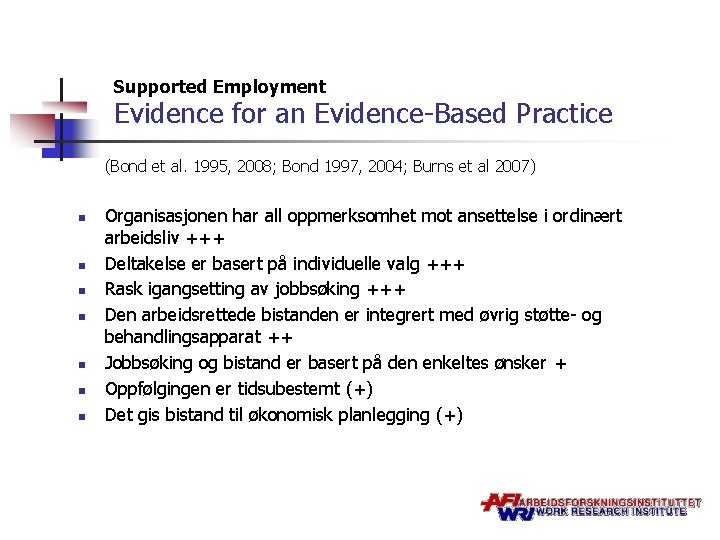 Supported Employment Evidence for an Evidence-Based Practice (Bond et al. 1995, 2008; Bond 1997,