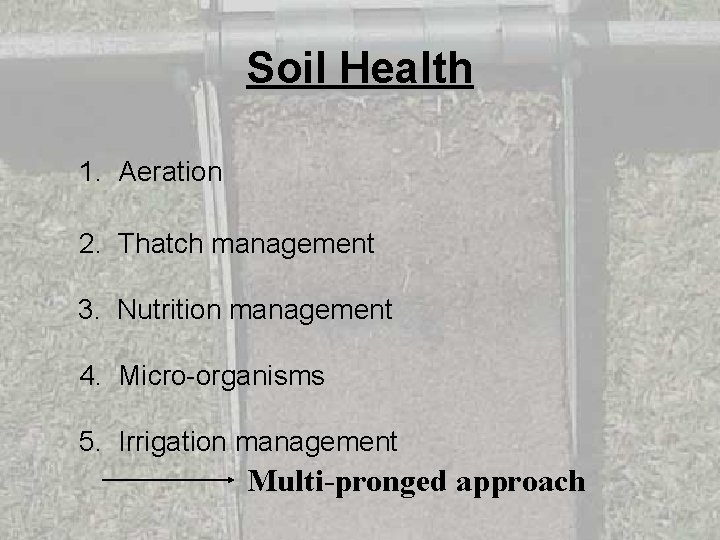 Soil Health 1. Aeration 2. Thatch management 3. Nutrition management 4. Micro-organisms 5. Irrigation