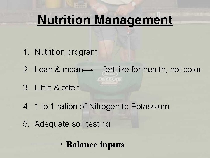 Nutrition Management 1. Nutrition program 2. Lean & mean fertilize for health, not color