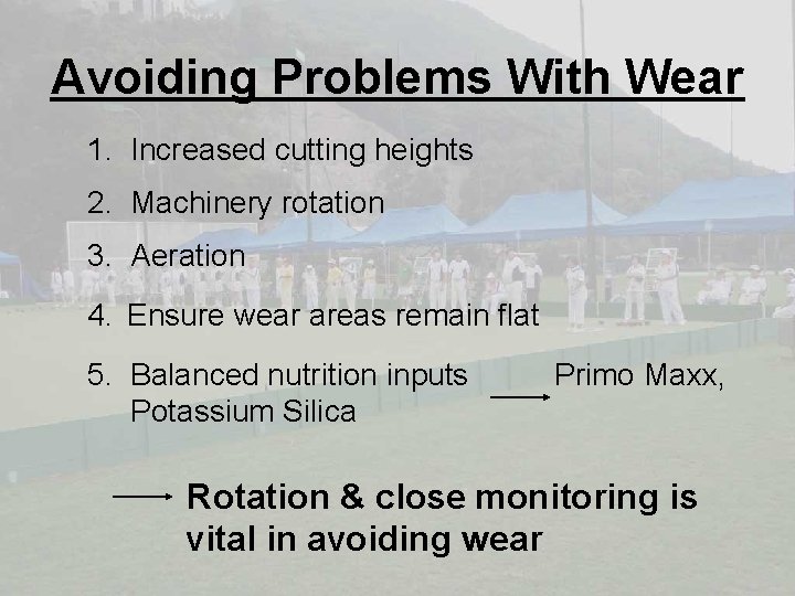 Avoiding Problems With Wear 1. Increased cutting heights 2. Machinery rotation 3. Aeration 4.