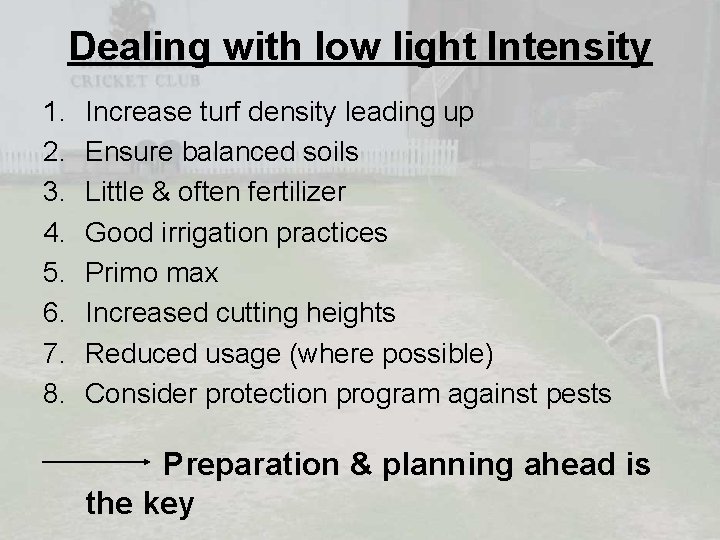 Dealing with low light Intensity 1. 2. 3. 4. 5. 6. 7. 8. Increase